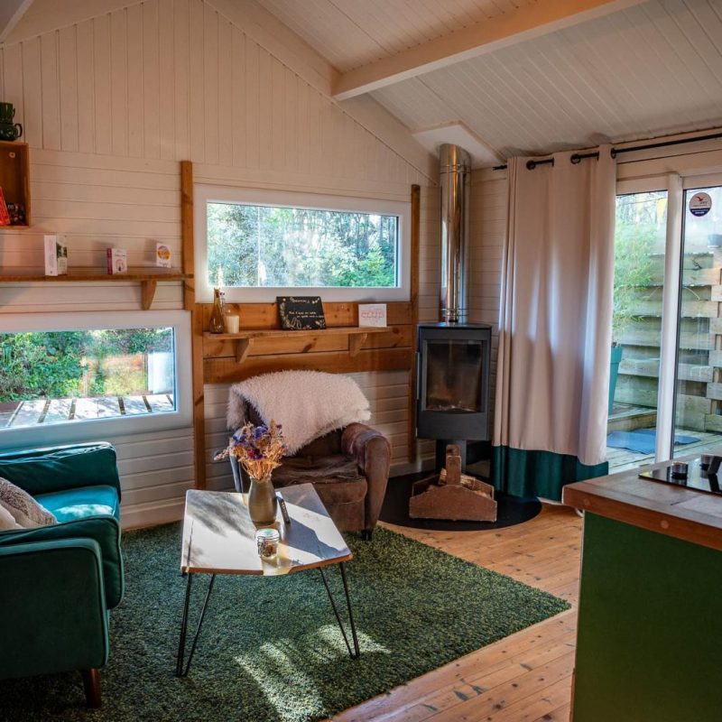 Salon du chalet avec poêle à bois et grande fenêtre sur le jardin